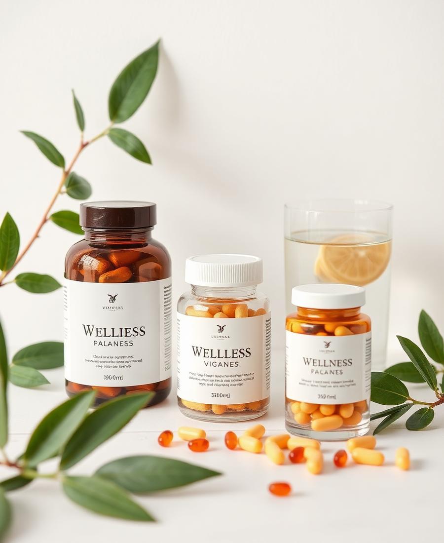 Suplementos de bem-estar em potes elegantes com folhas verdes