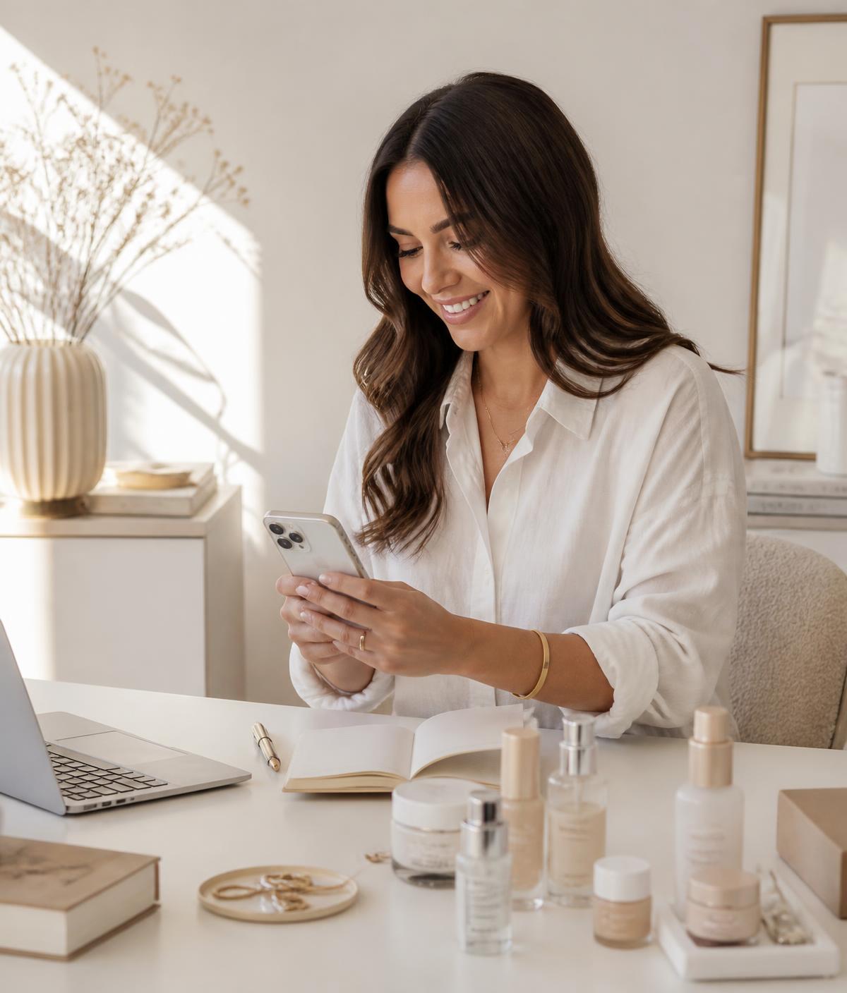 Mulher organizando sua rotina de trabalho com produtos de beleza sobre a mesa